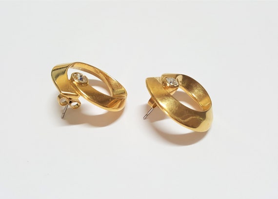 Shiny gold hoop earrings with rhinestones Gold ri… - image 8
