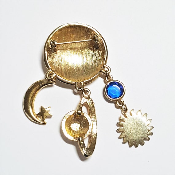 Gold Globe Brooch with Crescent moon Sun face Pla… - image 8