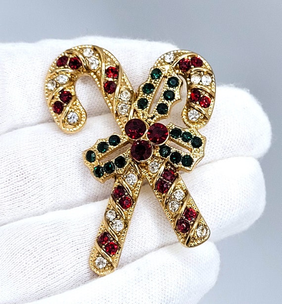 Christmas Double Candy Canes Brooch With Ruby Red Green Clear 