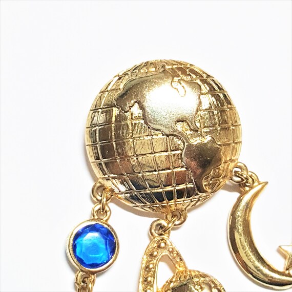 Gold Globe Brooch with Crescent moon Sun face Pla… - image 9