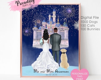 May include: A digital illustration of a Black couple in wedding attire standing in front of a nighttime view of Cinderella's Castle at Walt Disney World. Fireworks are exploding in the sky above the castle. The text "MR AND MRS ANDERSON 12.07.2024" is at the bottom of the image.