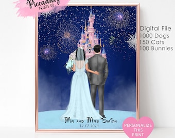 Personalised Disney Wedding Print - Custom Bride & Groom Portrait with Pets - Unique Wedding Gift Idea -DIGITAL FILE ONLY