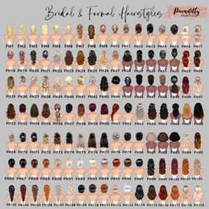 May include: A chart of 119 different hairstyles for brides and formal events. The hairstyles are illustrated with drawings of women's backs with different hair styles. The chart is labeled with the text "Bridal & Formal Hairstyles" and "Piccadilly Prints Co."
