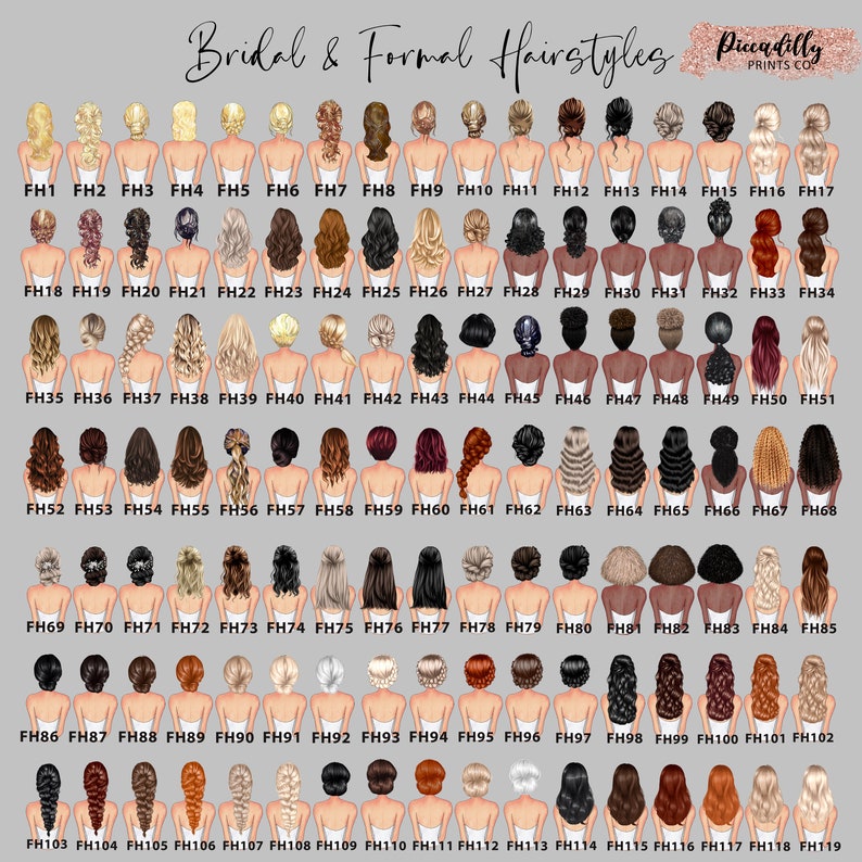May include: A chart of 119 different hairstyles for brides and formal events. The hairstyles are illustrated with drawings of women's backs with different hair styles. The chart is labeled with the text "Bridal & Formal Hairstyles" and "Piccadilly Prints Co."