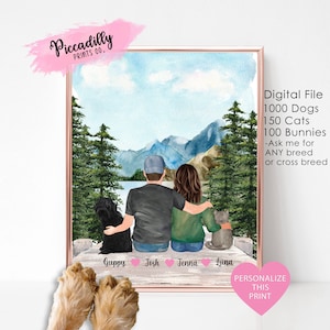 Impresión personalizada de pareja con perro - Impresión de aventuras - Retrato familiar personalizado en un lago de montaña - Regalo para el dueño de la mascota - Día de San Valentín para el padre o la madre