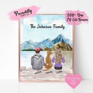 Custom Family Portrait with Pets - Personalized Mountain Lake Print -Couple with Dog Cat - Valentines Mother's Father's Day Pet Owner's Gift