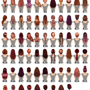 May include: A chart of 64 different hairstyles for women, all with red hair. The hairstyles are arranged in rows and columns, and each hairstyle is labeled with a number.