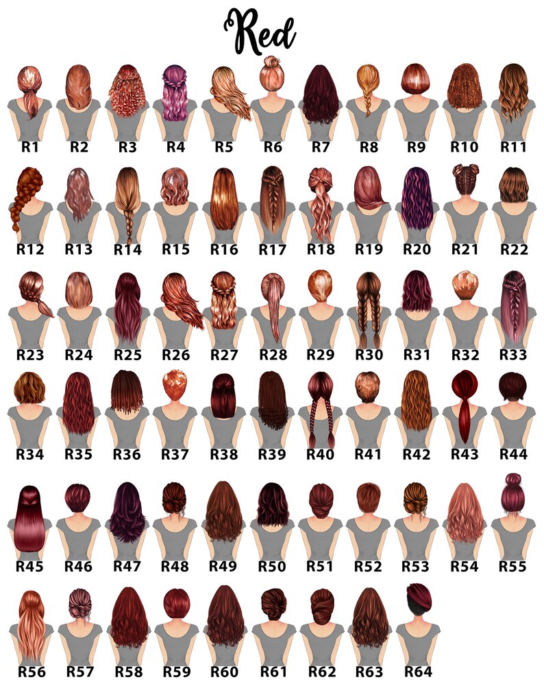 May include: A chart of 64 different hairstyles for women, all with red hair. The hairstyles are arranged in rows and columns, and each hairstyle is labeled with a number.