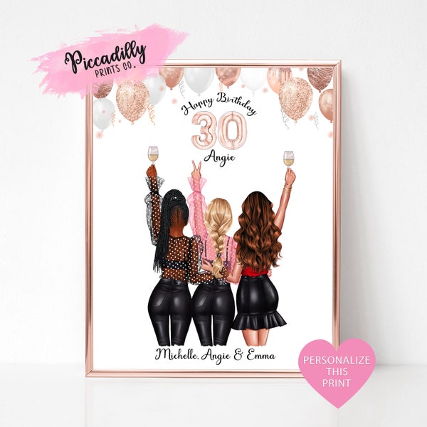 Best Friend 30th Birthday Gift Idea - Custom BFF Portrait - Personalised Besties Soul Sisters Cousins Print- Christmas Birthday Gift for Her
