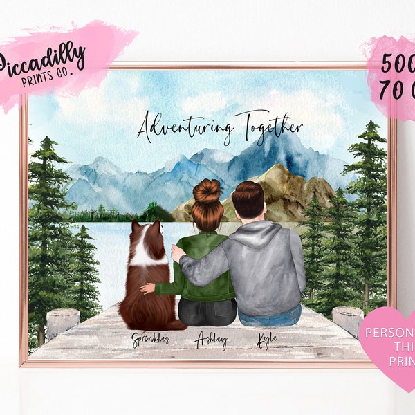 Custom Adventure Couple Print - Personalised Family with Pet Portrait - Mountain Lake - Anniversary Birthday Valentines Gift for Him for Her