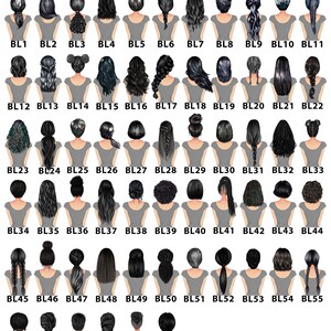 May include: A chart of 61 different black hairstyles for women. The hairstyles are numbered from BL1 to BL61.