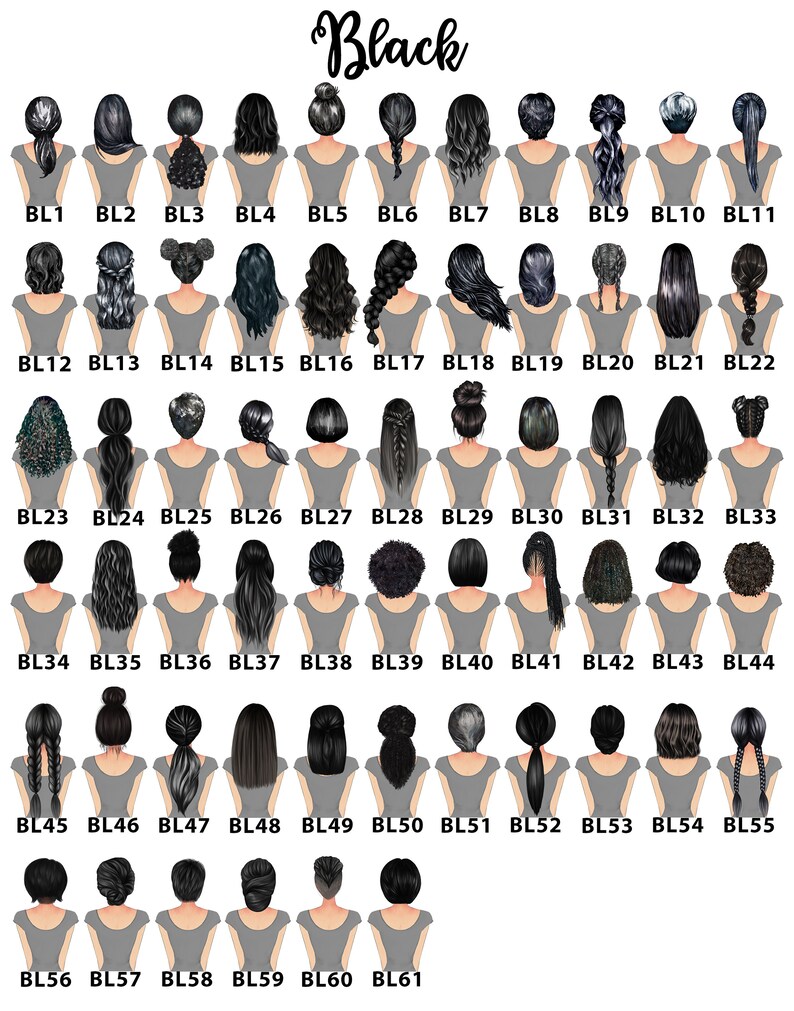 May include: A chart of 61 different black hairstyles for women. The hairstyles are numbered from BL1 to BL61.