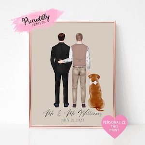 Mr and Mr Gay Wedding Print, Regalo de novio y novio, Regalo de boda LGBT, Regalo de boda gay personalizado, Pareja gay con regalo de aniversario de perro