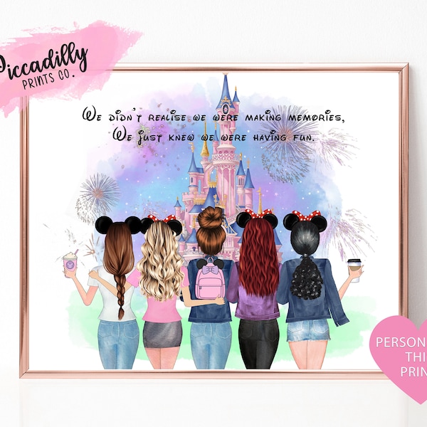 5 Best Friends Disney Gift, Personalised Disney Castle Print, Sisters, Disney Lover Birthday Christmas Gift,Family Portrait Custom Print