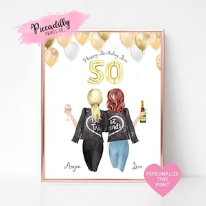 Regalo personalizado de 50 cumpleaños para ella - Retrato personalizado de mejores amigos - Impresión de ilustración de amistad - Regalo de cumpleaños - Hasta 7 amigos