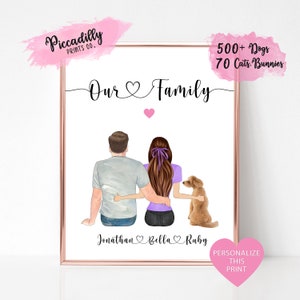 Custom Couple with Dog Portrait - Personalised Print - Valentines Day Birthday Anniversary Gift