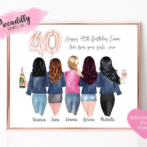 40th Birthday Gift Idea for Her - Custom Best Friend Portrait - Personalised BFF Besties Soul Sisters Cousins Print - Group of Girls-Any Age