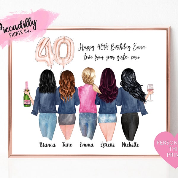 40th Birthday Gift Idea for Her - Custom Best Friend Portrait - Personalised BFF Besties Soul Sisters Cousins Print - Group of Girls-Any Age