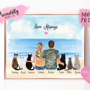 Impresión personalizada de pareja con gatos: retrato familiar personalizado con mascotas: regalo para padres, dueños de perros y gatos, aniversario, cumpleaños o día de San Valentín