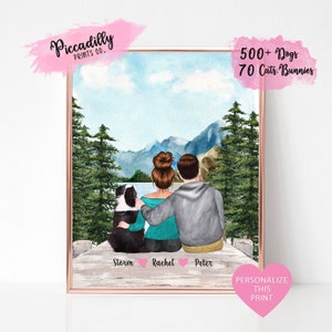 Custom Couple Print with Dog - Personalised Family Portrait - Pet Owner's Gift - Mother's Father's Valentine's Day