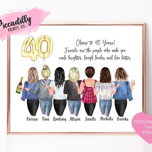 Idea de regalo de cumpleaños número 40 para ella - Retrato personalizado de mejor amiga - Impresión personalizada de mejores amigas del alma hermanas primas - Grupo de chicas de cualquier edad