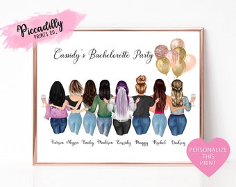 Op de afbeelding: Een printbaar bord voor een vrijgezellenfeest met een groep van acht vrouwen in jeans en shirts, met hun namen eronder vermeld. Het bord bevat ook een banner met de tekst "Cassidy's Bachelorette Party" en een tros ballonnen.
