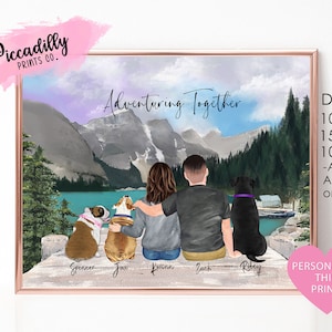 Portrait de couple personnalisé avec animaux de compagnie - Impression personnalisée Mountain Lake Adventure - Cadeau pour propriétaires de chiens et de chats - Noël Saint-Valentin