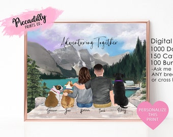 Personalised Couple Portrait with Pets - Personalised Mountain Lake Adventure Print - Dog and Cat Owners Gift - Christmas Valentines Day