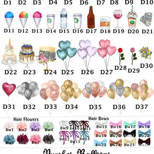 May include: A digital illustration of party supplies for a 30th birthday party. The image includes drinks, cakes, balloons, hair flowers, and hair bows. The balloons are in various colors and styles, including rose gold foil, gold foil, silver foil, and rainbow foil. The image also includes the text "Number Balloons" and "30".