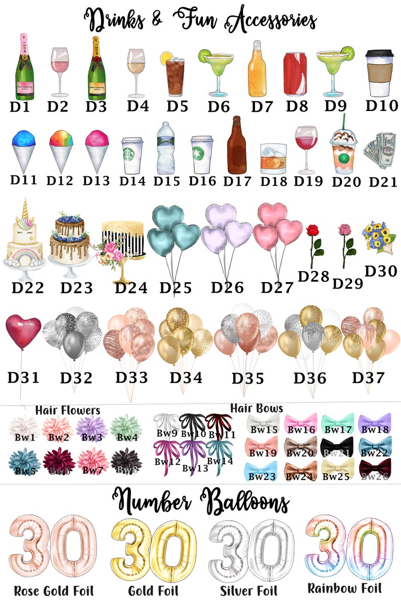 May include: A digital illustration of party supplies for a 30th birthday party. The image includes drinks, cakes, balloons, hair flowers, and hair bows. The balloons are in various colors and styles, including rose gold foil, gold foil, silver foil, and rainbow foil. The image also includes the text "Number Balloons" and "30".