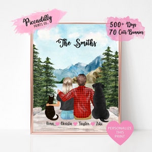 Personalised Couple Portrait with Dog and Cat - Adventure Print -Custom Family Portrait-Unique Christmas Anniversary Valentines Wedding GIft
