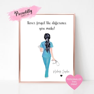 May include: A printable art print featuring a watercolor illustration of a woman in a blue medical uniform walking with a stethoscope. The text "Never forget the difference you make!" is above the illustration and the text "Midwife Sophie" is below the illustration.