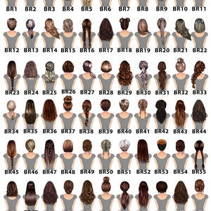 May include: A chart of 70 different hairstyles for women, all with brown hair. The hairstyles are arranged in rows and columns, and each hairstyle is labeled with a number.