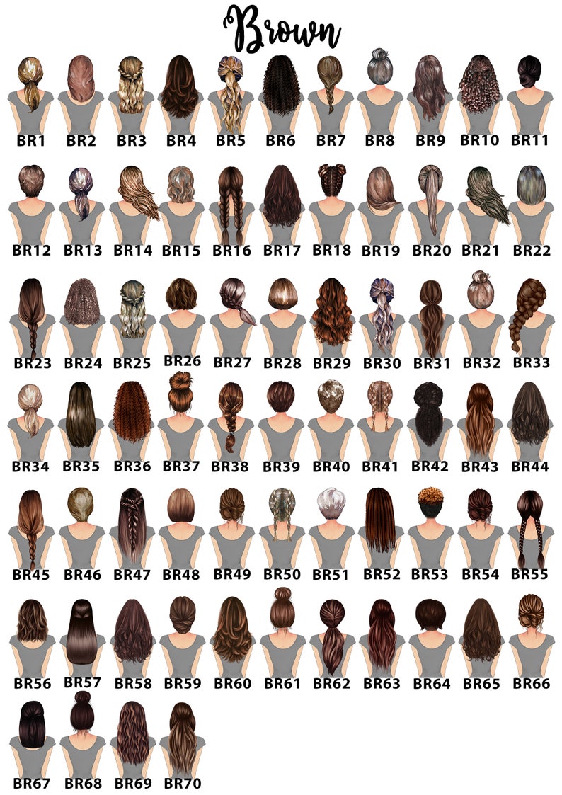 May include: A chart of 70 different hairstyles for women, all with brown hair. The hairstyles are arranged in rows and columns, and each hairstyle is labeled with a number.