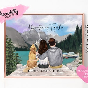 Custom Adventure Couple Print - Personalised Family with DogPortrait - Mountain Lake - Anniversary Birthday Valentines Gift for Him for Her