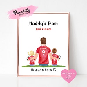 Personalised Manchester United Print, Daddy&#39;s Team Custom Family Portrait, Father&#39;s Day Dad&#39;s Birthday Gift, Football Fan Papa Gift