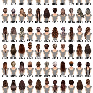 May include: A chart of 70 different hairstyles for women, all with brown hair. The hairstyles are arranged in rows and columns, and each hairstyle is labeled with a number.