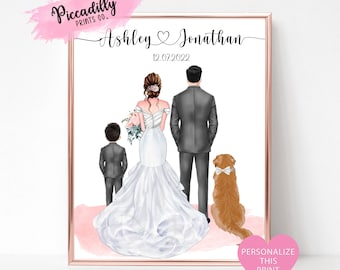 May include: A watercolor illustration of a wedding couple, a child, and a dog. The bride and groom are standing back to back, the child is standing in front of them, and the dog is sitting behind them. The bride is wearing a white wedding dress, the groom is wearing a gray suit, the child is wearing a black suit, and the dog is wearing a brown and white bow. The illustration is set against a pink background with the text "Ashley & Jonathan 12.07.2022" above the figures.