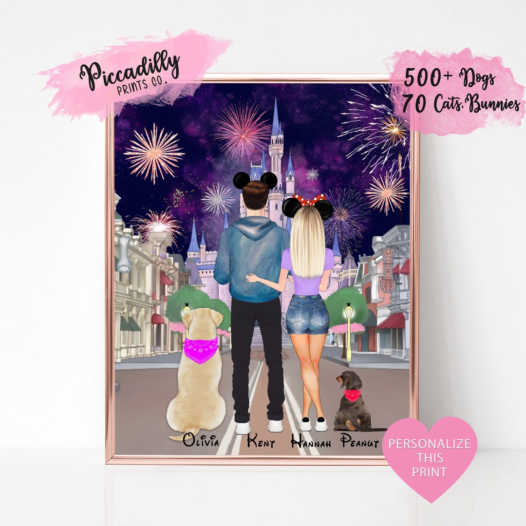 Custom Disney Couple Portrait With Pets Personalised Family Magic Castle  Print Valentines Gift for Him for Her Dog Cat Parents