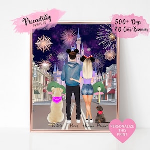 Custom Disney Couple Portrait with Pets - Personalised Family Magic Castle Print - Valentines Gift for Him for Her - Dog Cat Parents