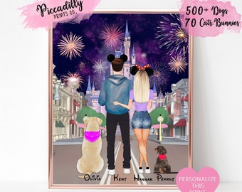 Custom Disney Couple Portrait with Pets - Personalised Family Magic Castle Print - Valentines Gift for Him for Her - Dog Cat Parents