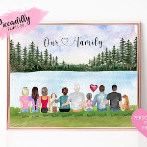Custom Family Portrait with Dog - BIG FAMILY Personalised Print - Mother's Father's Day Present - Birthday Gift - Mountain Lake-Digital File