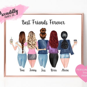 パーソナライズされた親友のポートレート - 友人グループのイラスト - パーソナライズされたプリント - 親友 BFF - 彼女へのギフト - 誕生日プレゼント