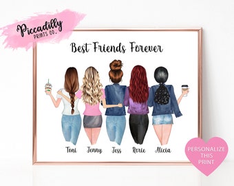 Retrato personalizado de mejores amigas - Ilustración de grupo de amigas - Impresión personalizada - Mejores amigas - Regalo para ella - Regalo de cumpleaños