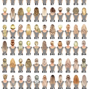 May include: A chart of 74 different blonde hairstyles, each labeled with a number from B1 to B74. The hairstyles are all drawn in a cartoon style and are shown from the back.