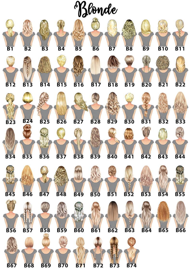 May include: A chart of 74 different blonde hairstyles, each labeled with a number from B1 to B74. The hairstyles are all drawn in a cartoon style and are shown from the back.