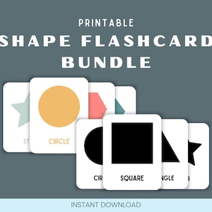 May include: A collection of printable shape flashcards. Each card features a different shape, including a circle, square, and triangle, with the shape's name printed below. The cards are white with colorful shapes and text.