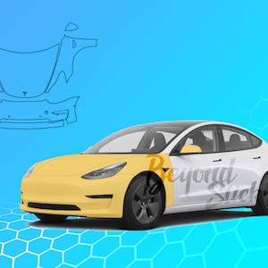 May include: A white Tesla Model 3 with a yellow front end and a partial wrap that says "Beyond Slick".