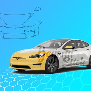May include: A white Tesla Model S with a yellow protective film covering the front bumper and hood. The car is on a blue and white honeycomb pattern background.