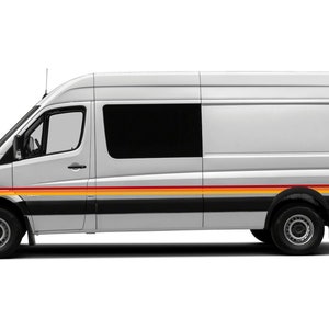 May include: A white cargo van with a black stripe and orange and red stripes along the side.